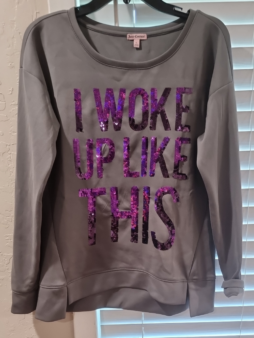 Juicy Couture Gray Sweatshirt with Purple Sequin "I WOKE UP LIKE THIS"